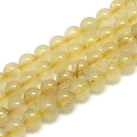 Natural Gold Rutilated Quartz Beads Strands, Round, 6x6mm, Hole: 1mm, about 62pcs/strand, 15.5 inch