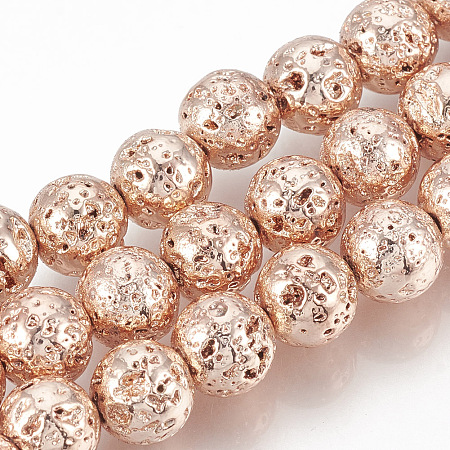 Arricraft Electroplated Natural Lava Rock Beads Strands, Round, Bumpy, Rose Gold Plated, 6~7mm, Hole: 1mm; about 61pcs/strand, 15.7 inches