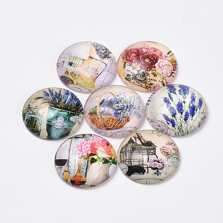 ARRICRAFT Printed Glass Flat Back Cabochons, Dome/Half Round, Flower Pattern, Mixed Color, 18x5mm