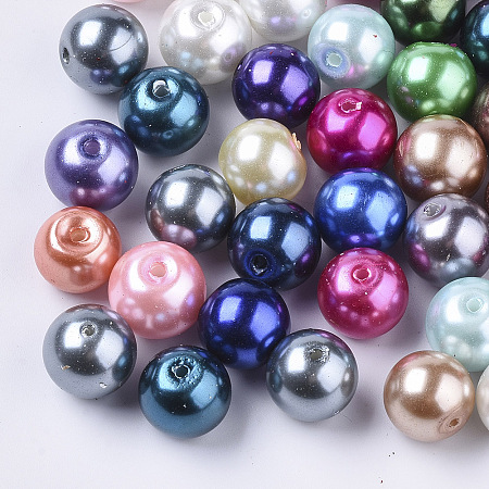 Honeyhandy Glass Pearl Beads, Pearlized, Round, Mixed Color, 10mm, Hole: 1mm