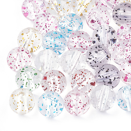 Honeyhandy Transparent Acrylic Beads, with Glitter Powder, Round, Mixed Color, 10mm, Hole: 1.8mm