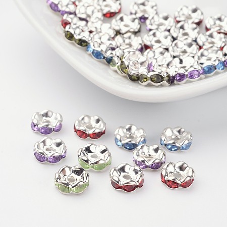 ARRICRAFT Acrylic Brass Rhinestone Spacer Beads, Grade B, Rondelle, Silver Color Plated, Mixed Color, Size: about 8mm in diameter, hole: 1.2mm