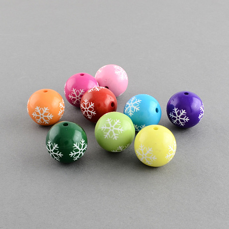 Arricraft Round Acrylic Snowflake Pattern Beads, Christmas Ornaments, Mixed Color, 16mm, Hole: 2mm