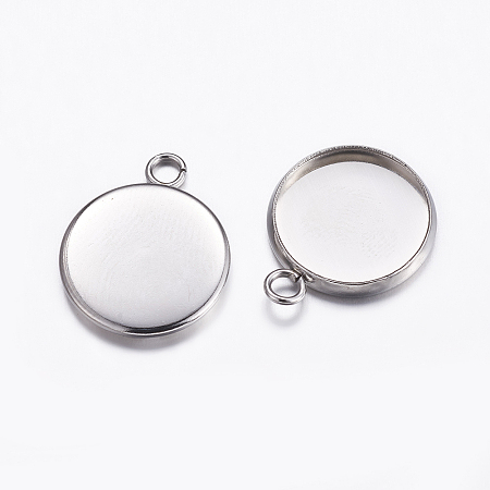 Honeyhandy 304 Stainless Steel Pendant Cabochon Settings, Plain Edge Bezel Cups, Flat Round, Stainless Steel Color, Tray: 14mm, 19.5x16x2mm, Hole: 2.2mm