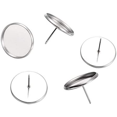 UNICRAFTABLE 20pcs Stainless Steel Stud Earring Cabochon Setting Flat Round Blank Stud Earring Bezel Setting for Jewelry Making Tray 16mm