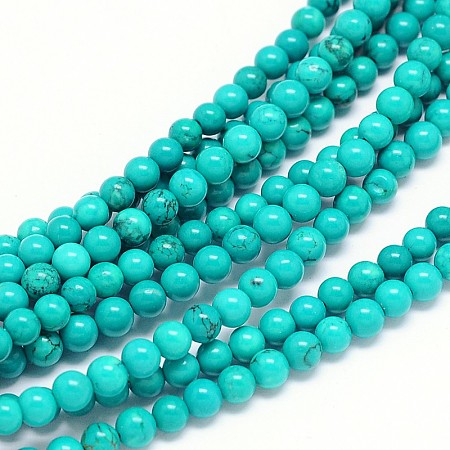 Honeyhandy Natural Howlite Round Bead Strands, Dyed & Heated, Medium Turquoise, 4mm, Hole: 1mm, about 101pcs/strand, 15.55 inch
