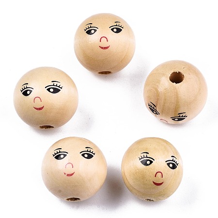 Honeyhandy Unfinished Natural Wood Beads, Round with Face, BurlyWood, 21~22mm, Hole: 4mm