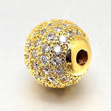 NBEADS 10PCS 10mm Brass Micro Pave Cubic Zirconia Real Gold Round Beads Clear Gemstones Cubic Zirconia Round Beads Bracelet Connector Charms Beads for Jewelry Making